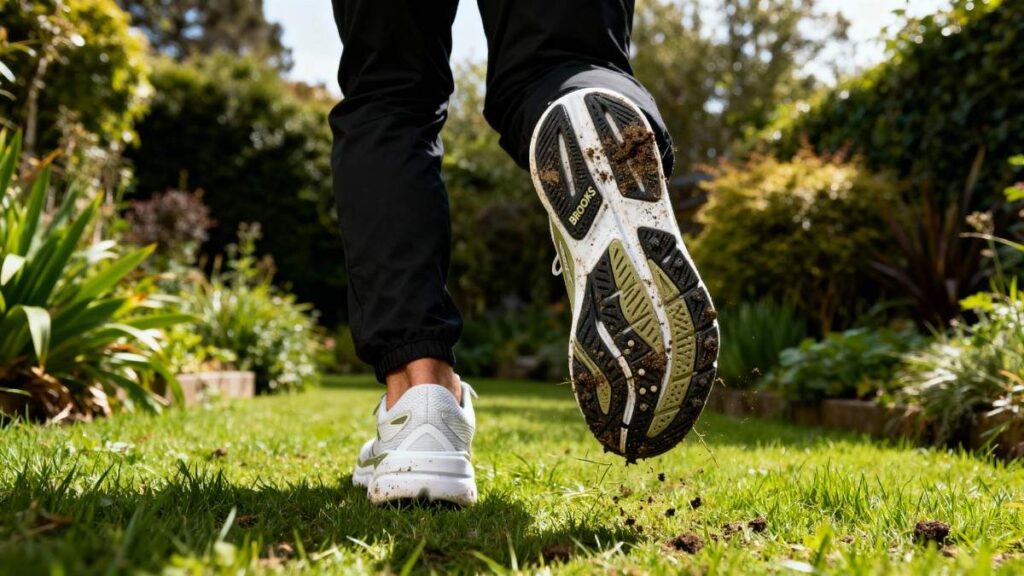 Action shot of hiker walking with Brooks Ghost Max 3 in a garden. 