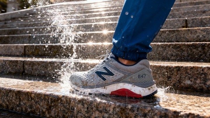 Hiker's leg wearing New Balance 847v4 and splashing water on Granite steps.