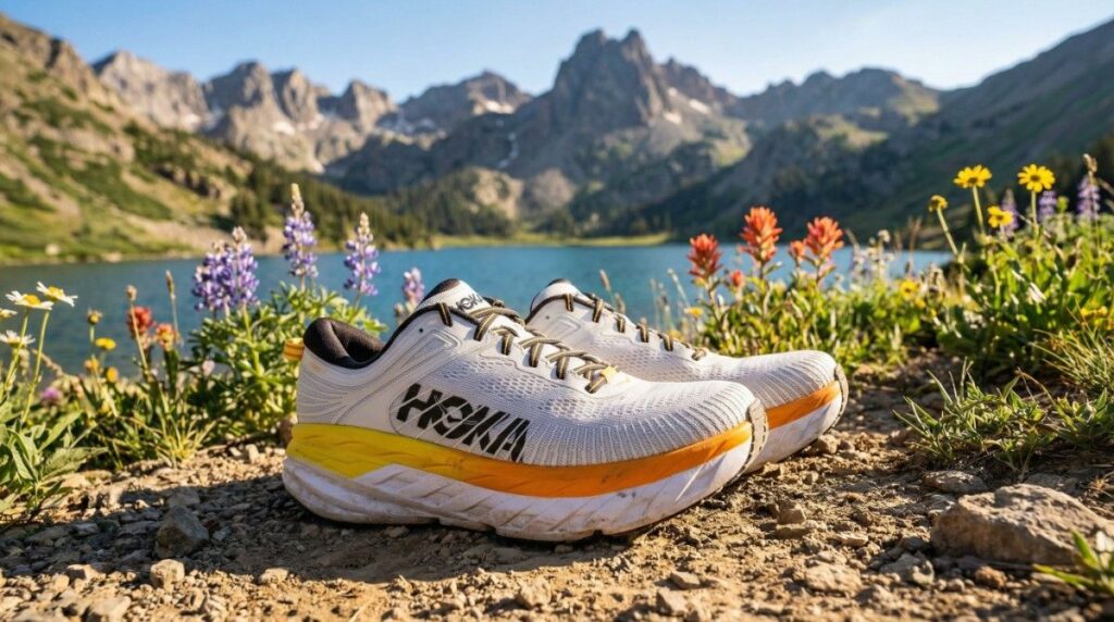 Hoka Bondi 7 displayed in outdoor environment. 