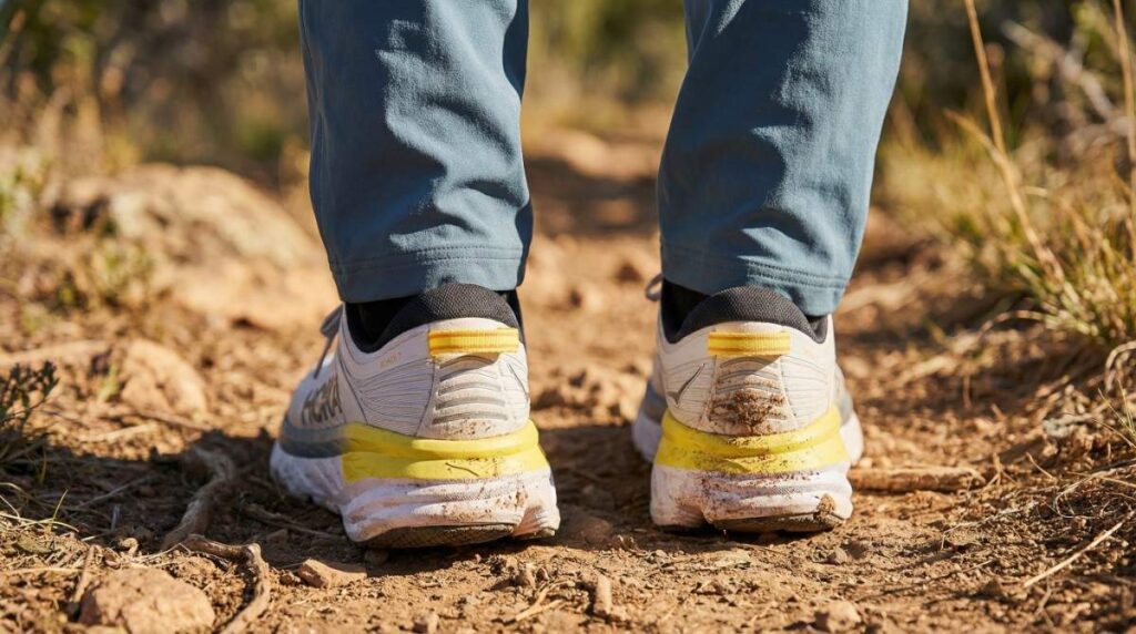 Heels view of hiker standing firm wearing Hoka Bondi 7. 