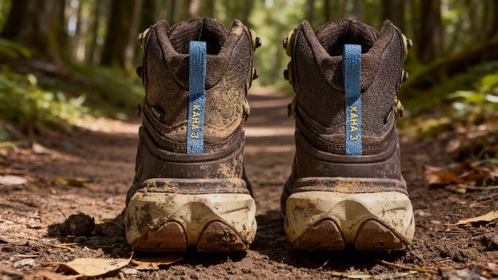 Heels view of Hoka Kaha 3 GTX placed on a forest trail. 