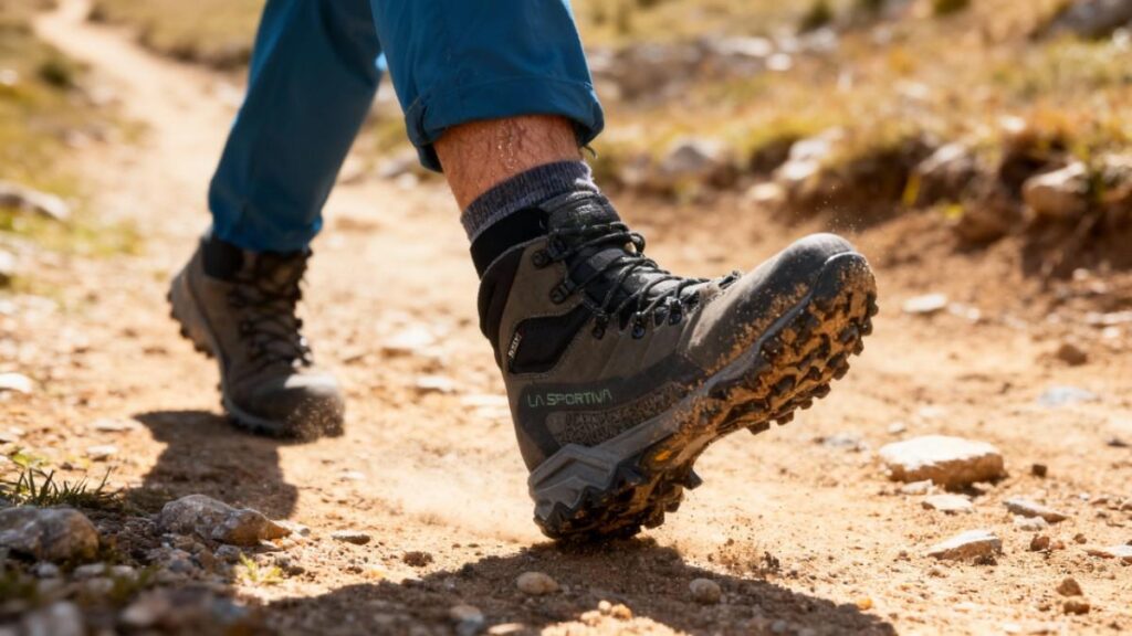 Action shot of hiker wearing La Sportiva Nucleo High II GTX.