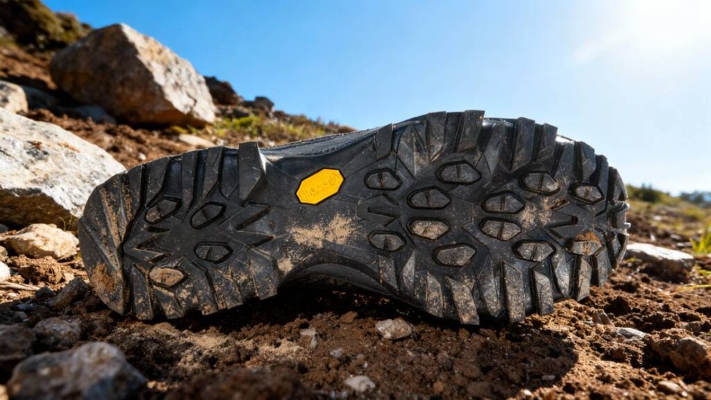 Outsole of La Sportiva Nucleo High II GTX placed on a mixed terrain.