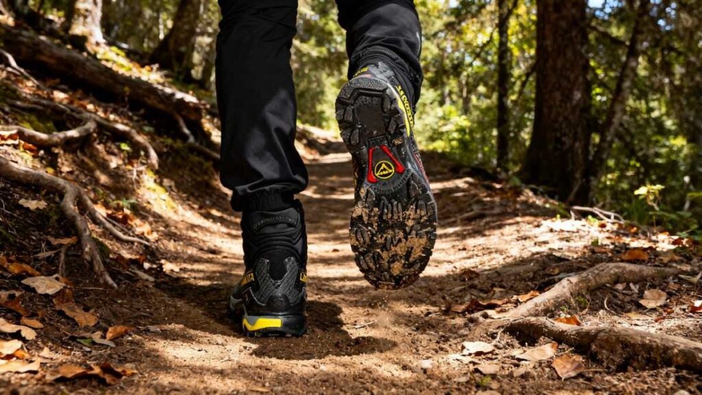 Action shot of hiker wearing La Sportiva Ultra Raptor II Mid GTX.