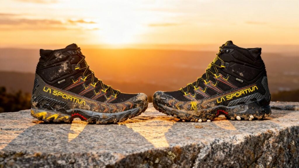 Pair of La Sportiva Ultra Raptor II Mid GTX placed side-by-side on a granite rock. 