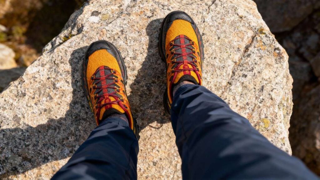 Above view of hiker's legs wearing La Sportiva Ultra Raptor II.