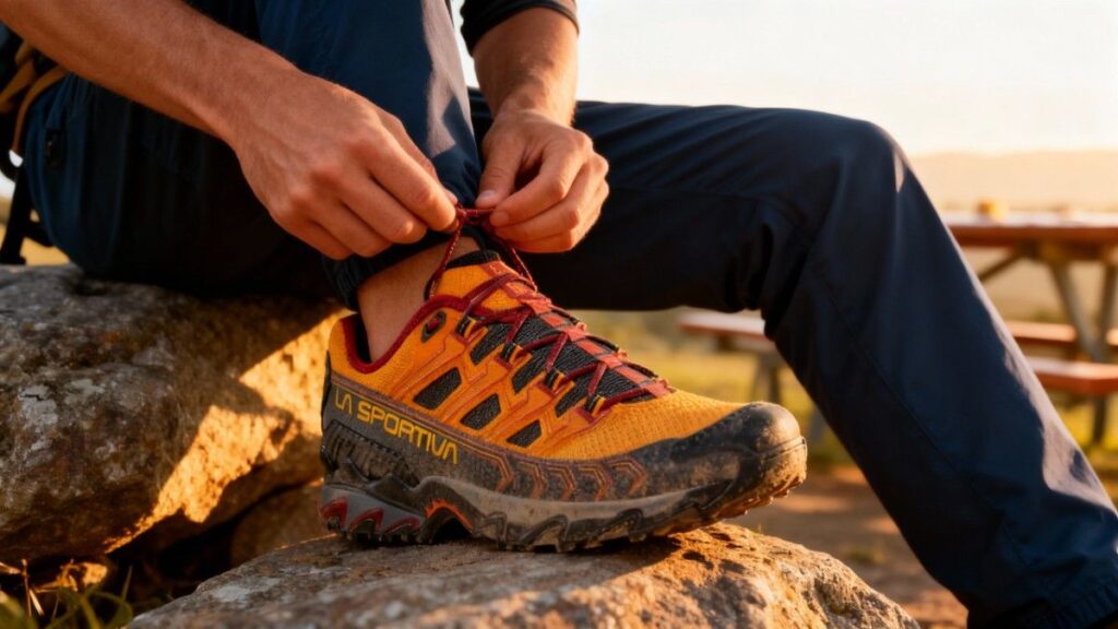 hiker lacing his La Sportiva Ultra Raptor II.