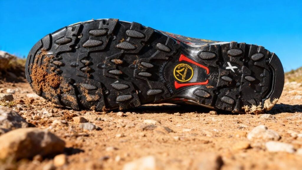 Outsole of La Sportiva Ultra Raptor II placed on muddy trail.
