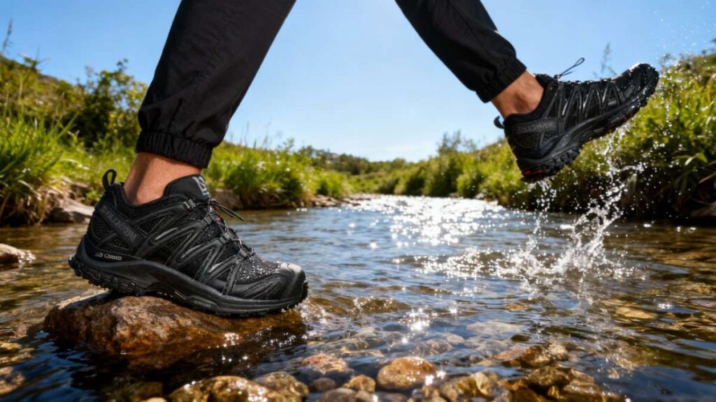 Hiker crossing water stream wearing Salomon XA Pro 3D.