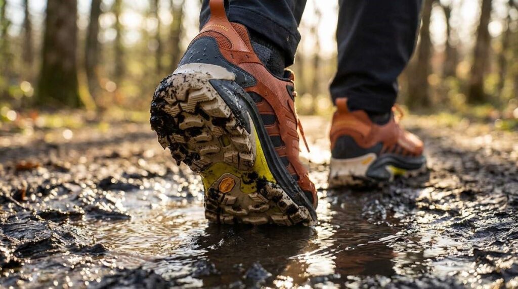 Hiker walking through muddy puddle wearing Merrell Moab Speed 2 GTX.