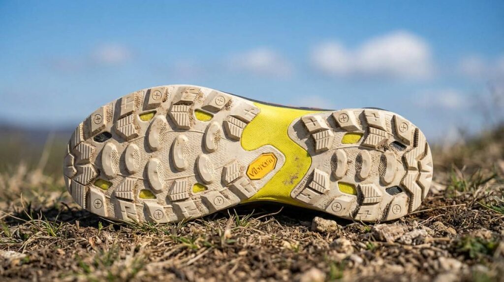 Outsole of Merrell Moab Speed 2 GTX placed on a grassy soil surface. 