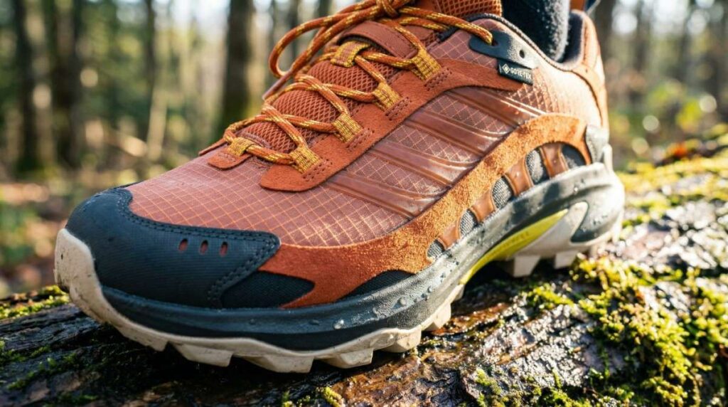 Close-up of Merrell Moab Speed 2 GTX on a log. 