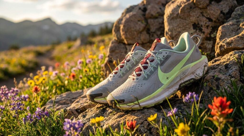 Pair of Nike Pegasus Trail 5 GTX placed in an outdoor environment. 