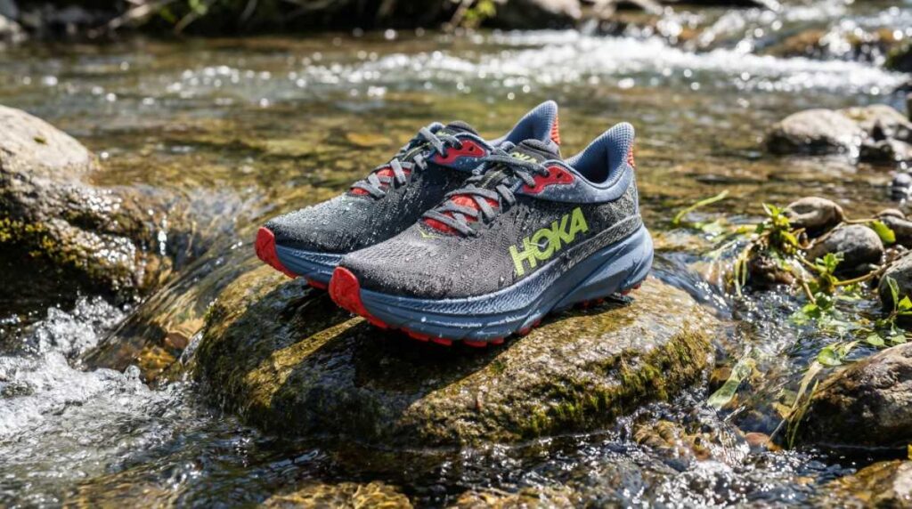 Pair of HOKA Challenger 7 placed on a rock within a water stream. 
