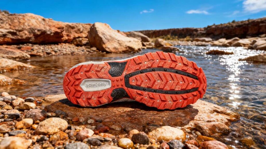Outsole of Saucony Excursion TR16 placed beside a water stream.