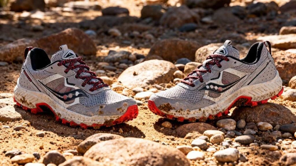 Pair of Saucony Excursion TR16 placed on a rocky outdoor surface.