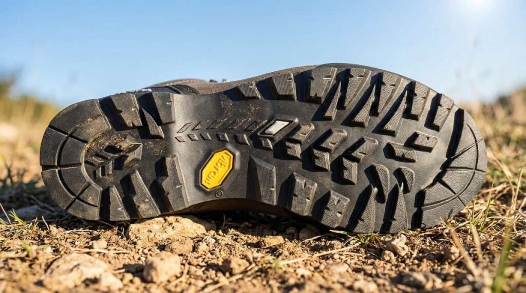 Outsole of Scarpa Zodiac Plus GTX placed on a dirt trail. 