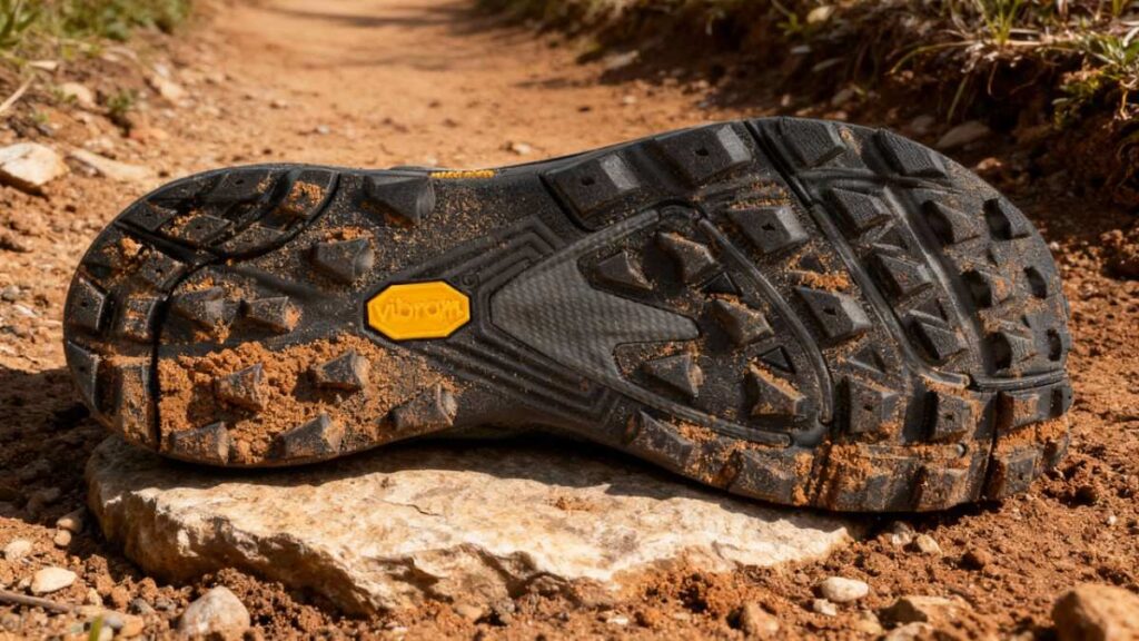 outsole of Topo Athletic Traverse placed on a dirt trail.