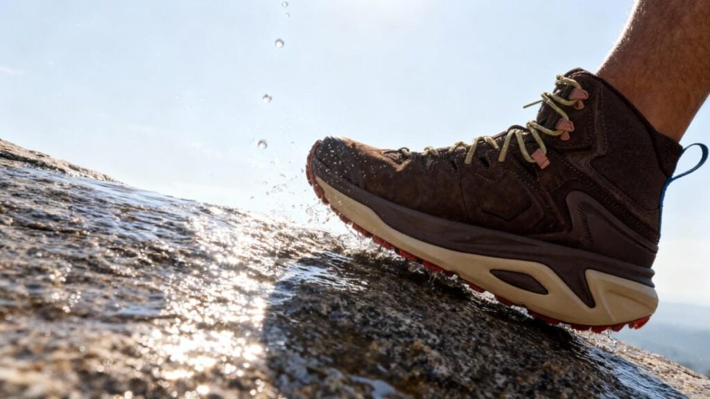 Close-up shot of hiker's leg wearing HOKA Kaha 3 GTX.