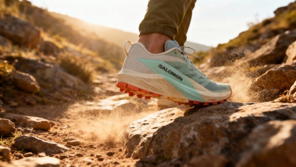 Hiker stepping on rocky mount while wearing Salomon Sense Ride 5. 