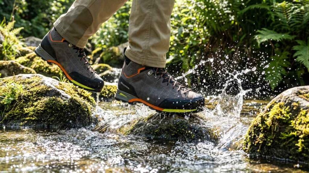 Hiker crossing a water stream with Scarpa Zodiac Plus GTX. 