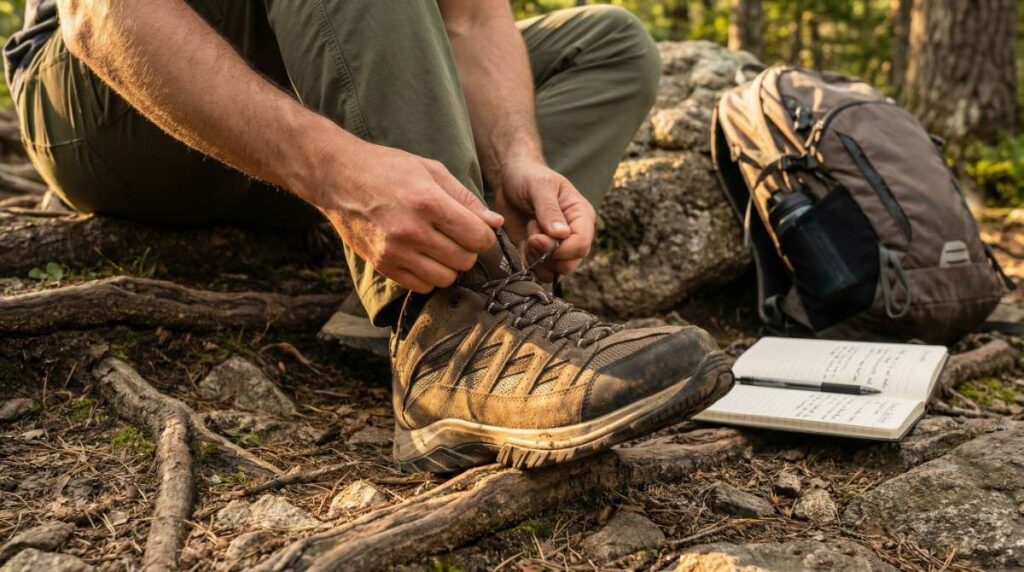 Hiker lacing his Columbia Crestwood while sitting on a rooty trail. 