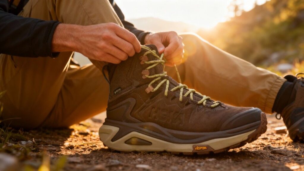 Hiker lacing his Hoka Kaha 3 GTX.