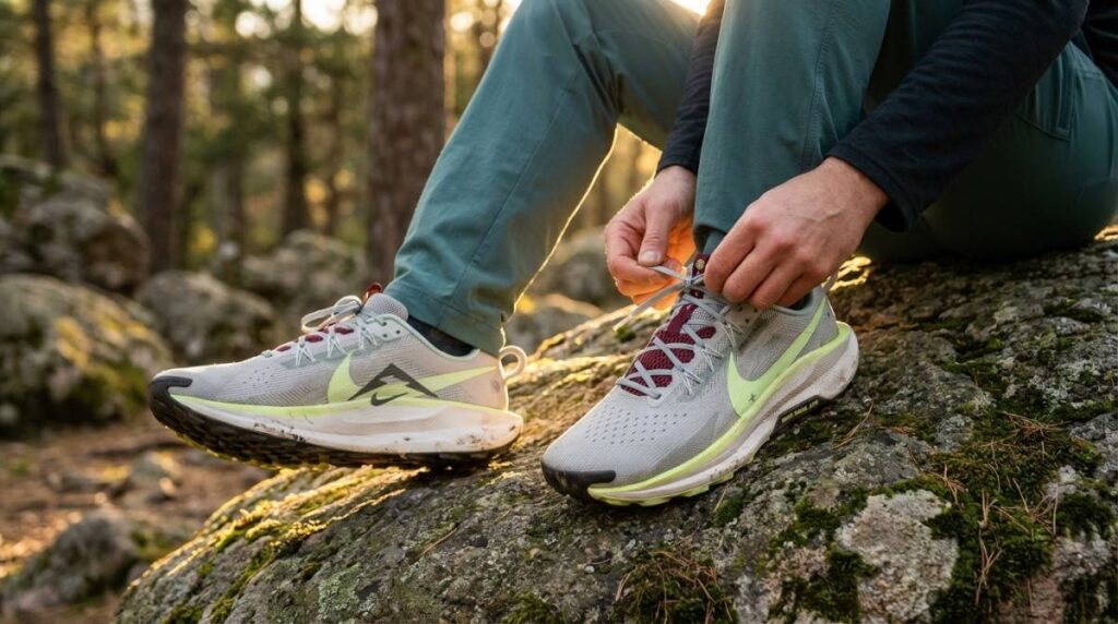 Hiker lacing his Nike Pegasus Trail 5 GTX while sitting on a boulder. 