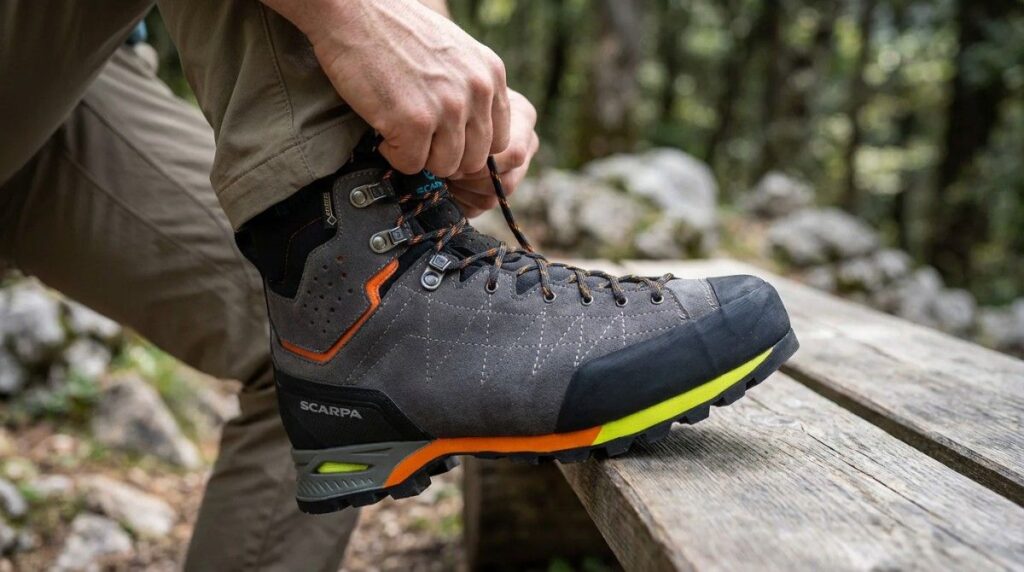 Hiker lacing his Scarpa Zodiac Plus GTX. 