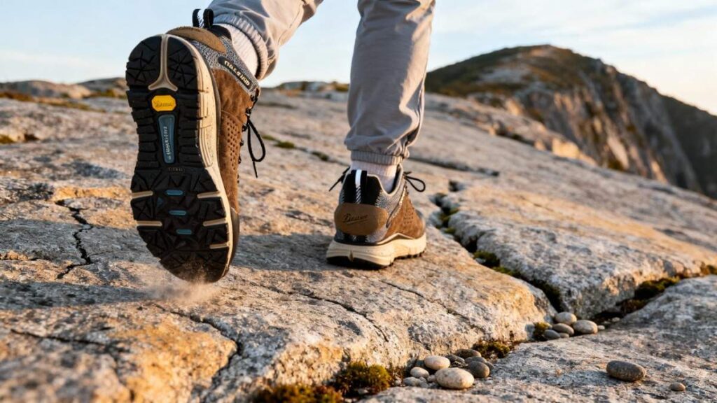 Action shot of hiker walking on granite surface wearing Danner Trail 2650 GTX.