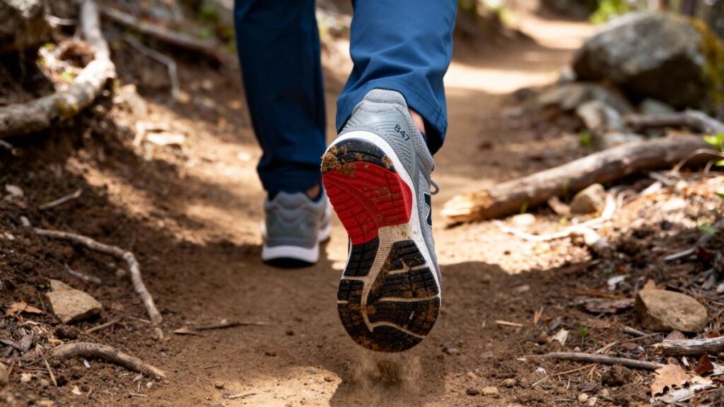 Hiker walking on a Soil surface while wearing New Balance 847v4. 