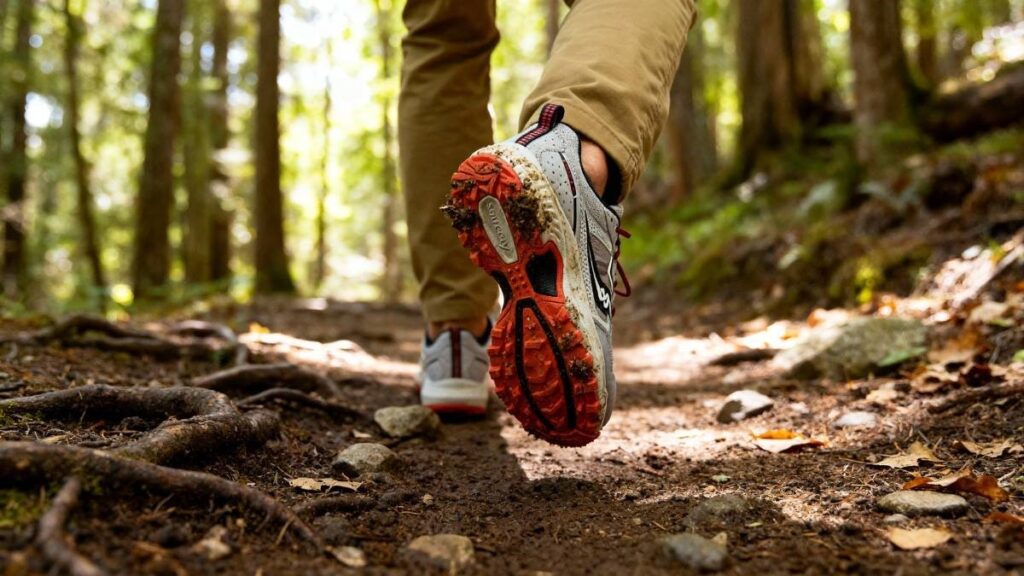 Action shot of hiker waling with Saucony Excursion TR16.
