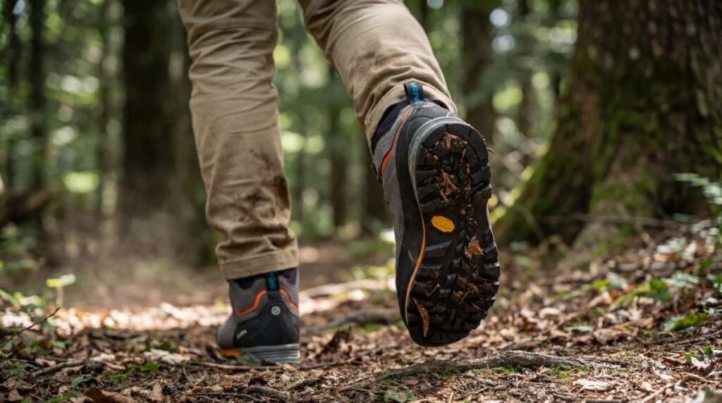 Rare view of hiker walking with Scarpa Zodiac Plus GTX. 