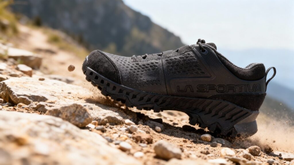 La Sportiva Spire GTX placed on a rocky terrain.