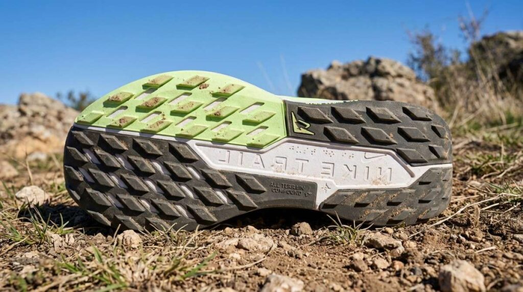 Outsole of Nike Pegasus Trail 5 GTX placed on a hiking terrain. 