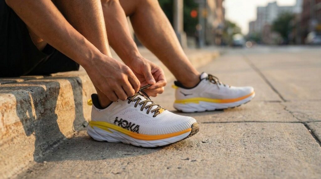 Hiker lacing his Hoka Bondi 7 while sitting on a road side walk. 