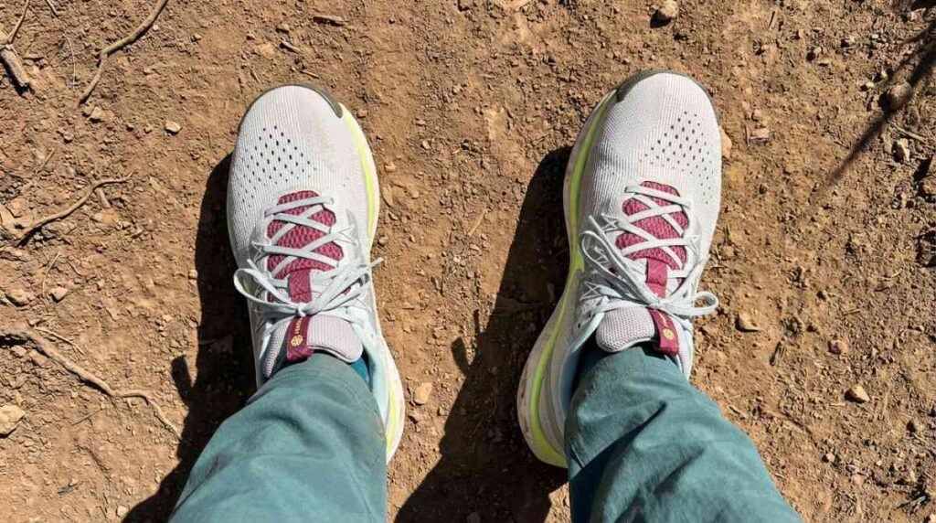 Selfie shot of hiker's legs wearing Nike Pegasus Trail 5 GTX. 