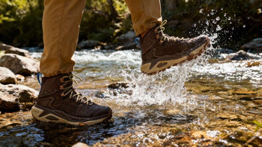 Hiker splashing water with Hoka Kaha 3 GTX.