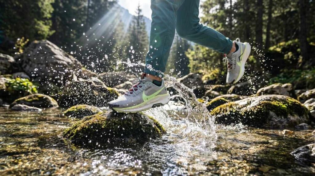 Hiker stepping through the rock within water stream while weearing Nike Pegasus Trail 5 GTX.