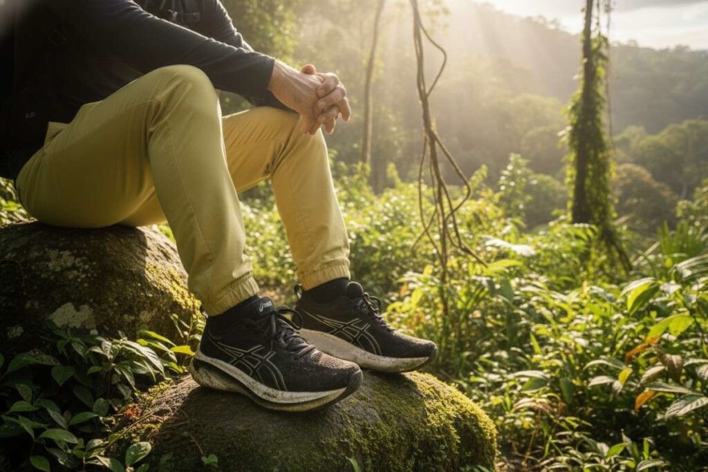 Legs view of hiker wearing ASICS GEL-NIMBUS 26 while sitting on a rock. 
