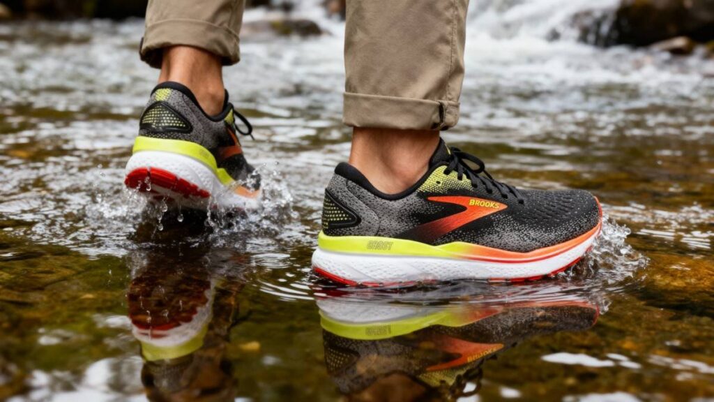 Close-up of hiker crossing water stream wearing Brooks Ghost 16.