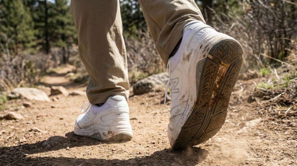 Back view close-up of hiker walking with New Balance 928v3.