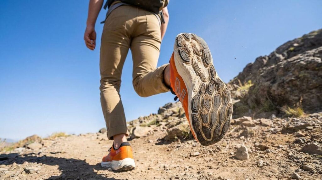 Back angle view of hiker wearing and walking with New Balance Fresh Foam X 880 v14.
