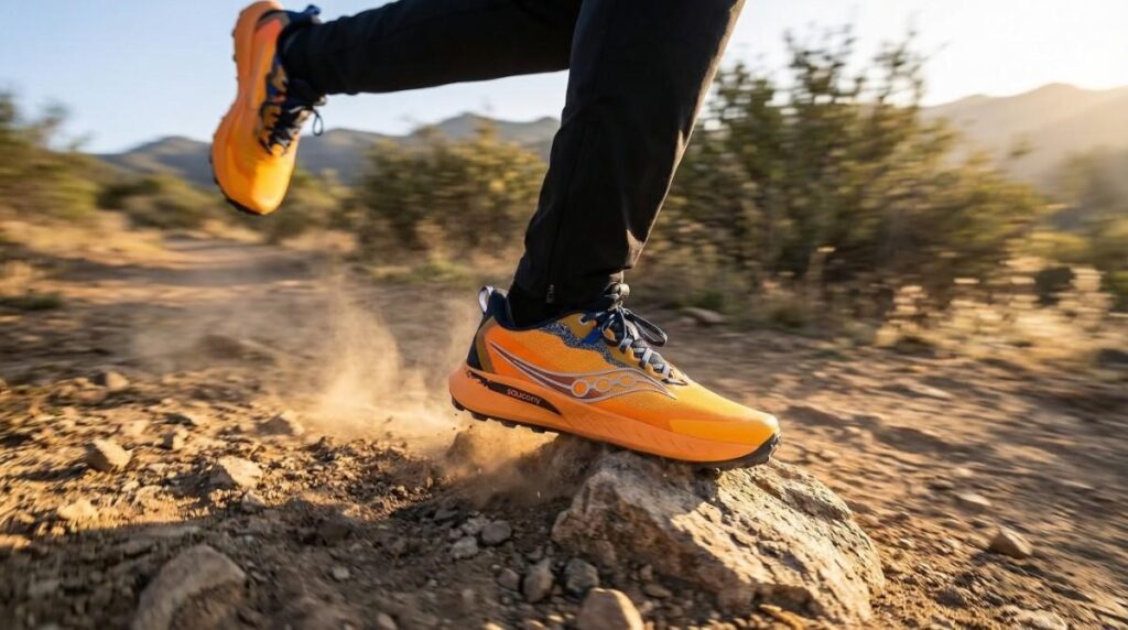 Action shot of hiker wearing Saucony Peregrine 15.