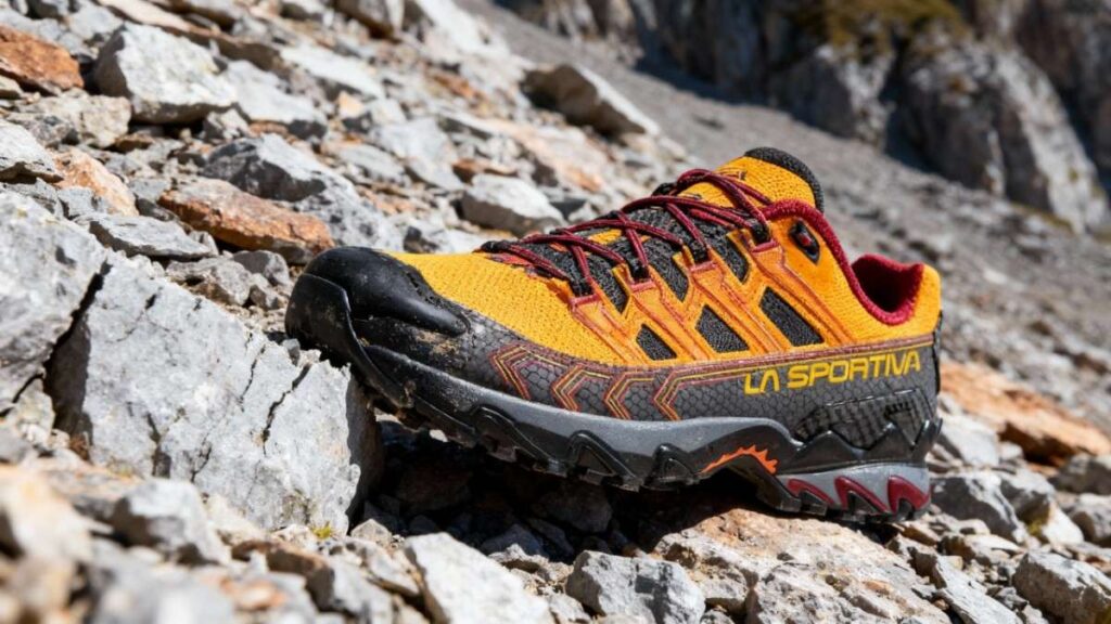 La Sportiva Ultra Raptor II placed on a rocky mount surface. 