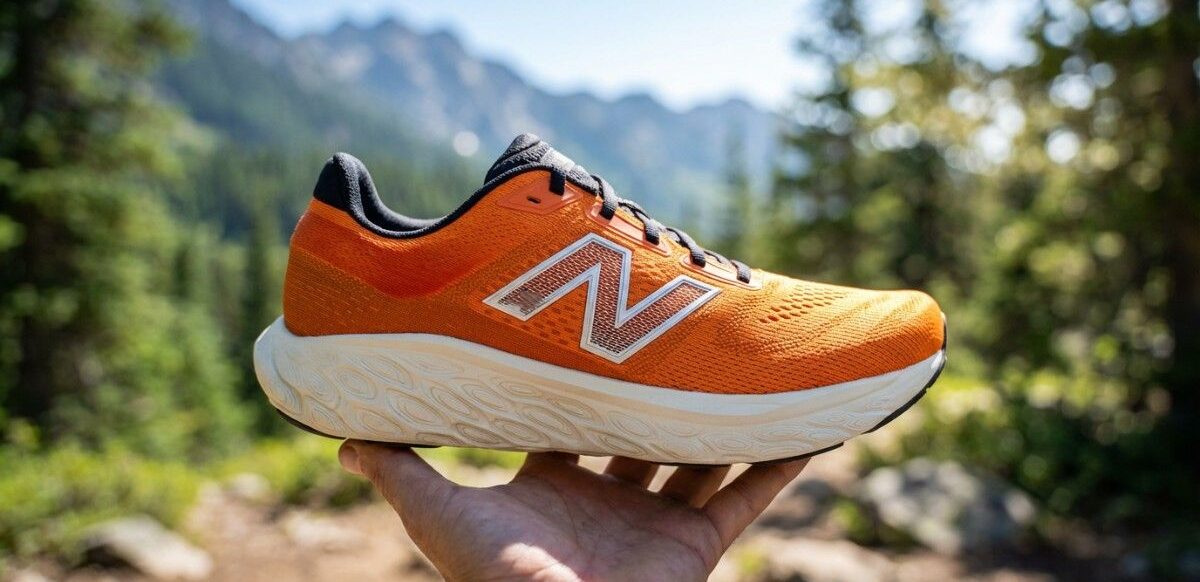New-Balance-Fresh-Foam-X-880-v14-placed-on-hikers-palm Trail Running Shoe placed on hiker's palm.