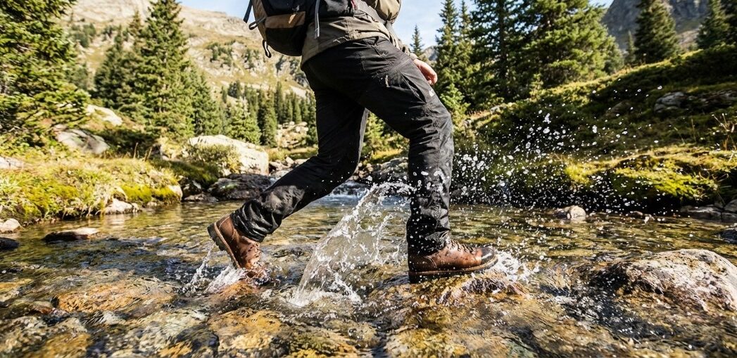 Hiker-Crossing-Stream Hiker crossing water stream wearing hiking boots.