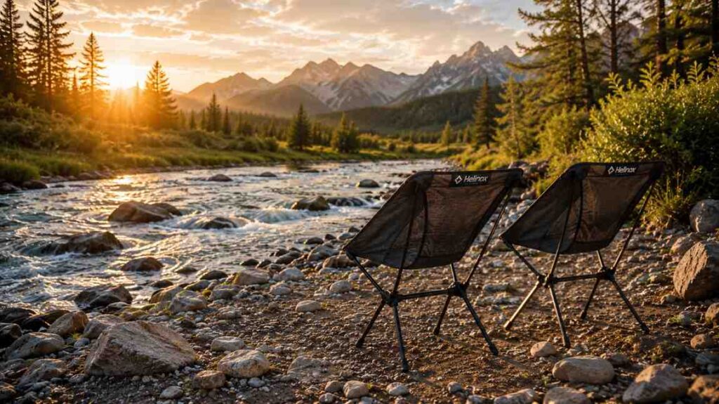 2 camping chairs placed on river bank.