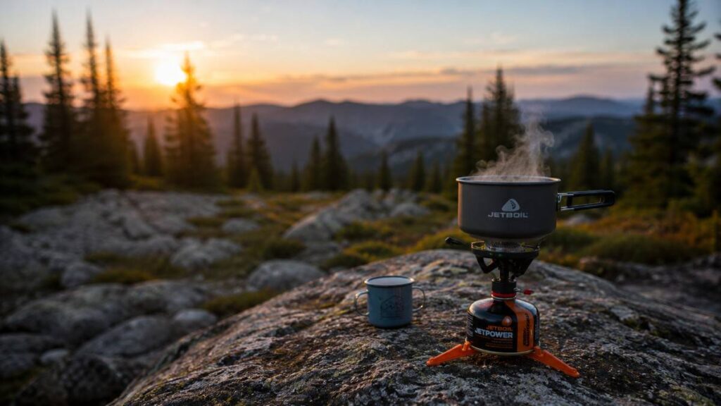 Camping Stove placed on mount rocks.
