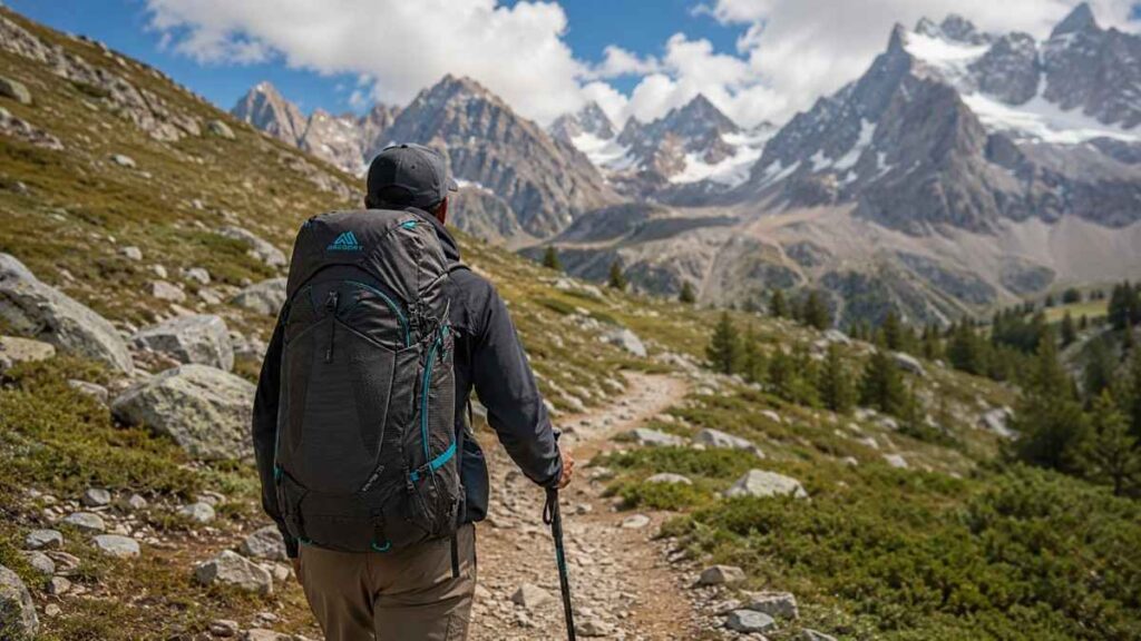 Hiker walking through hiking trail wearing hiking backpack.